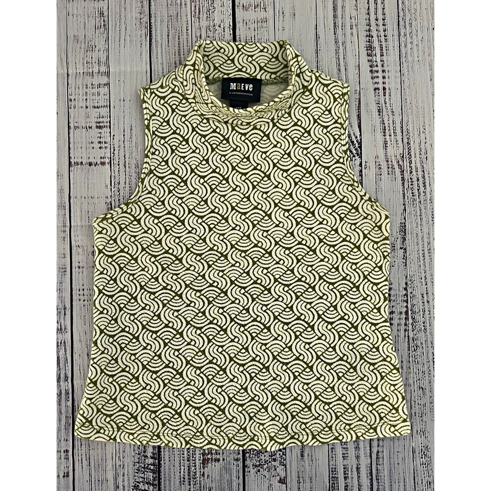 Anthropologie Maeve Geometric Mock Neck Sleeveless Stretch Top Olive XSP